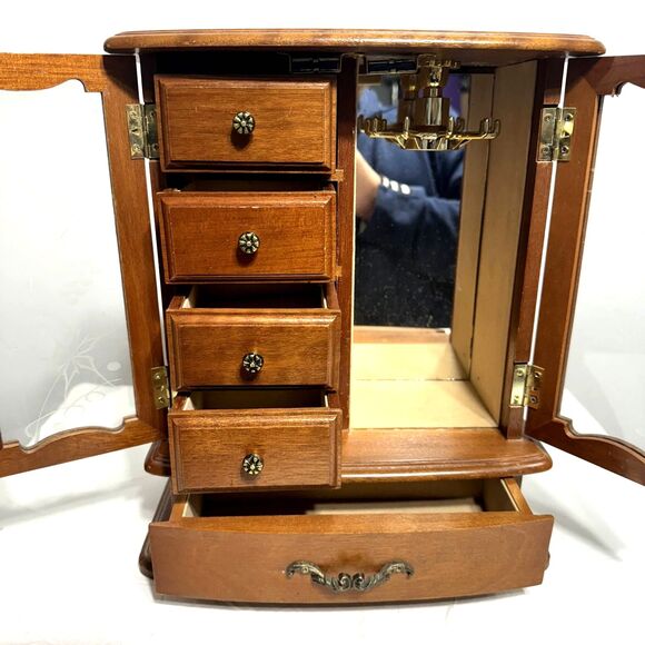 Vintage Jewelry Wood Music Box Etched Floral Glass Doors Mirror 5"x10"x12" - Picture 6 of 8